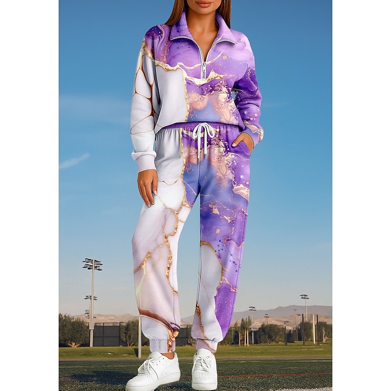 Women's Sweatshirt Tracksuit 2 Piece Tracksuit Drawstring Zip Up Geometry Clothing Suit Fall Purple Vocation Outdoor Travel Lightweight Fashion Long Sleeve Sport Activewear Stretchy Regular Fit3