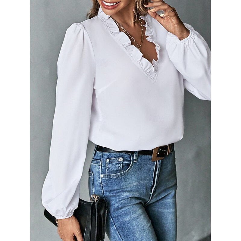 Women's Shirt Solid Color Stylish Casual Long Sleeve V Neck Regular Tops Daily Ruffle Black White Spring Fall Winter4