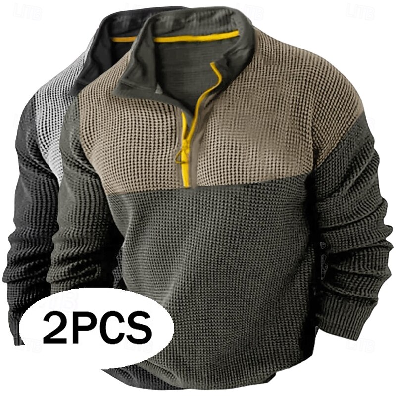 Men's Waffle Shirt T Shirt Zip Half Shirt Tee Top Long Sleeve Quarter Zip Fall Spring &  Fall Color Block Fashion Designer Basic Patchwork 2 Piece Color Block Vacation Street Casual Grey / Blue Light
