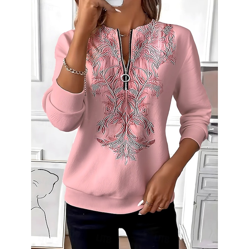 Women's Pullover Sweatshirt Zip Up Sweatshirts Floral Graphic Paisley Fashion Casual Long Sleeve Crew Neck Regular Tops Street Dailywear Casual Zipper Print Yellow Pink Light Purple Light Blue Fall3