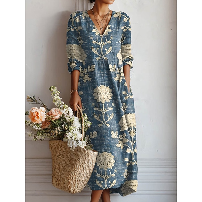 Women's Midi Dress A Line Dress Vacation Casual Daily Regular Fit Floral Graphic Long Sleeve V Neck Pink Navy Blue Blue Green Spring Fall3
