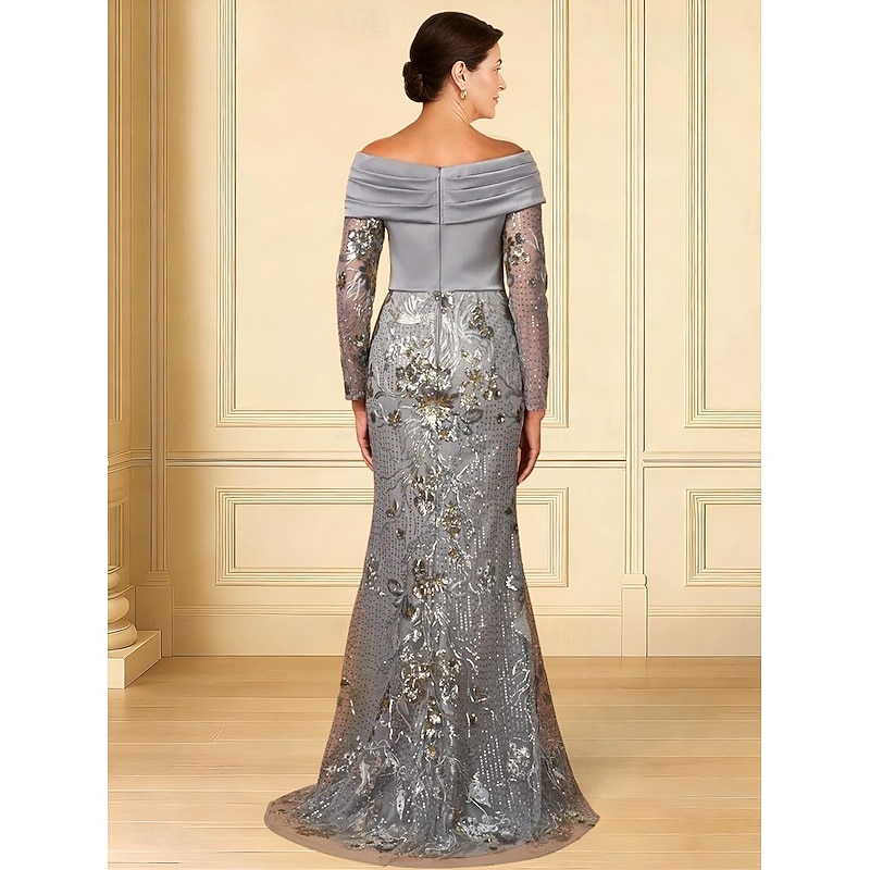 Mermaid / Trumpet Evening Gown Elegant Formal Dress Formal Wedding Sweep / Brush Train Long Sleeve Off Shoulder Satin with Glitter 20252