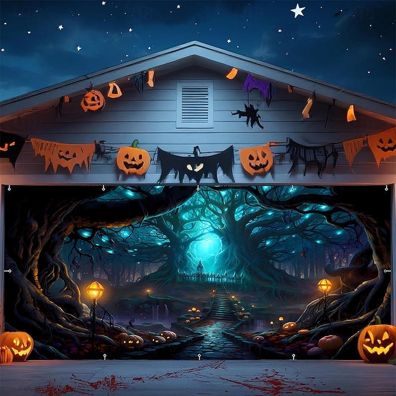 Halloween Tapestry Garage Door Cover Large Hanging Backdrop Cemetery Fantasy Dark Punk Gothic Style Party Outdoor Shooting Backgrounds Yard Haunted House Home Decor