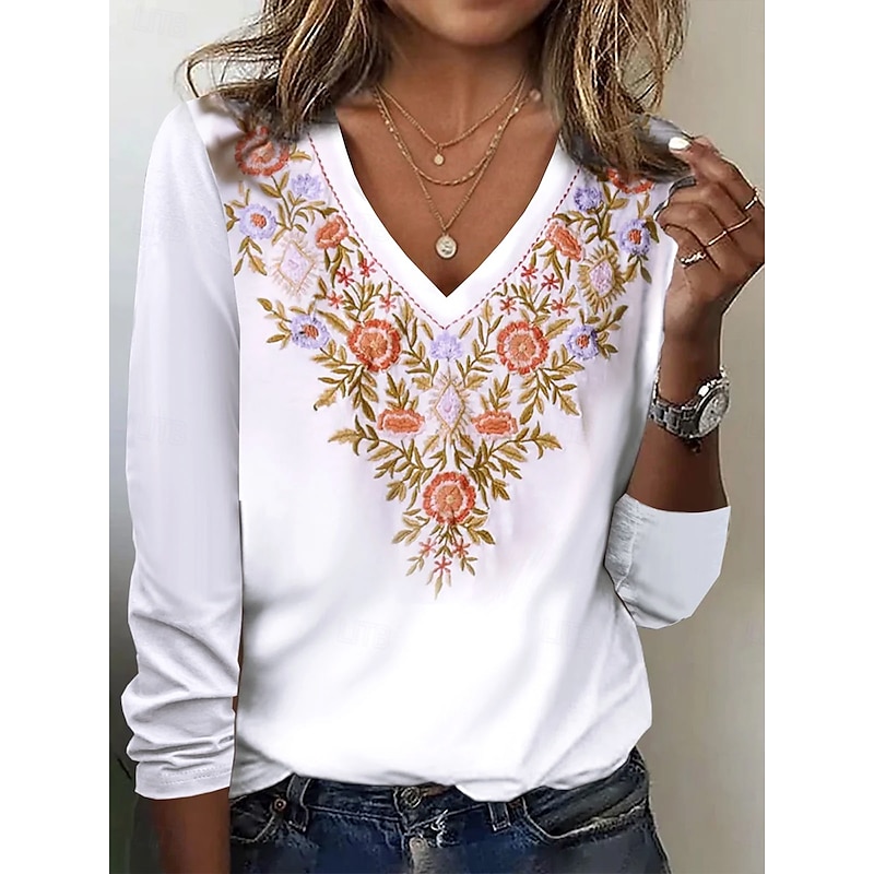 Women's T Shirt Floral Graphic Plants Vintage Stylish Classic Long Sleeve V Neck Regular Tops Daily Embroidered Print White Spring Fall Winter