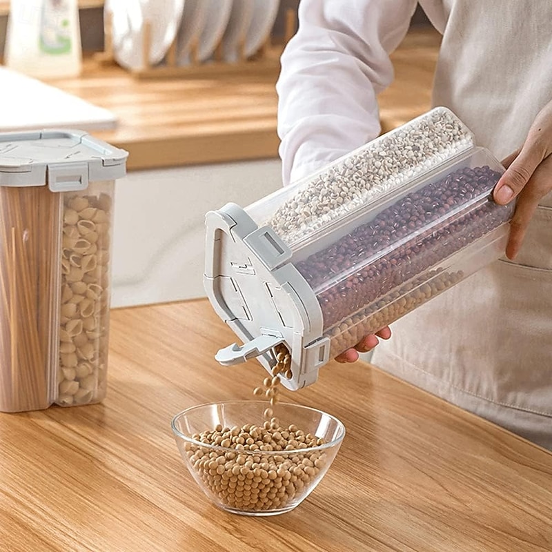 TAILI Airtight Cereal Storage Container, Clear 2.3L Airtight Kitchen Food Storage Container with Lids and Compartments for Grain, Sugar, Flour, Rice, Nuts, Snacks