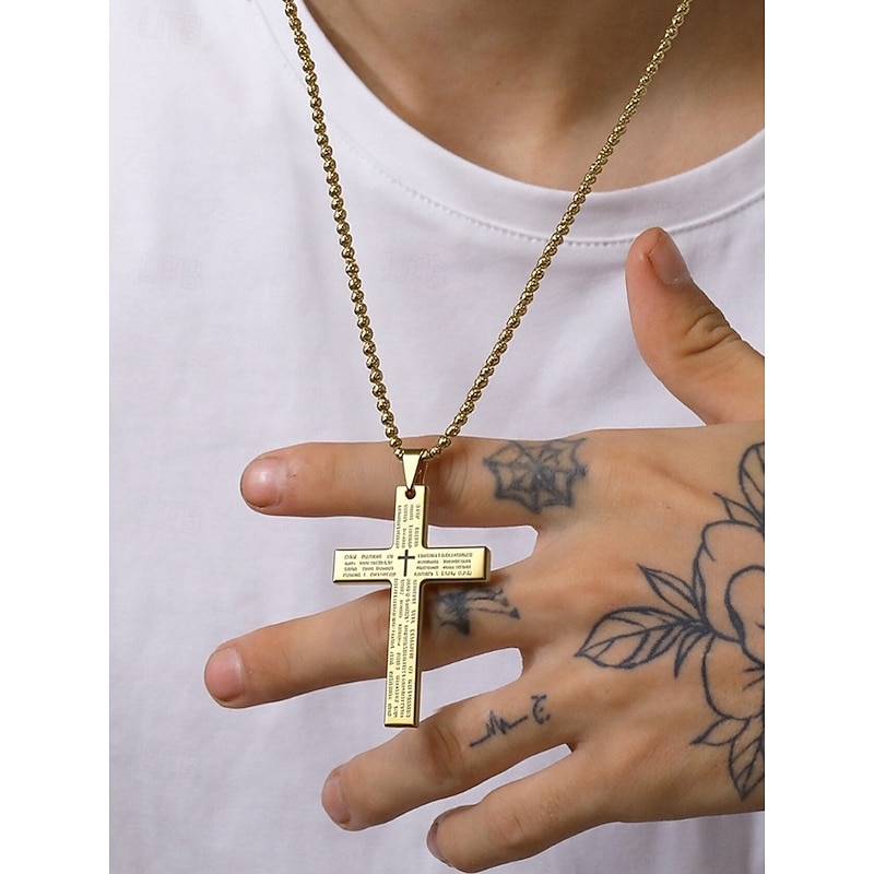 Men's Titanium Steel Cross Pendant Necklace with Lord's Prayer Engraving, Religious Jewelry Chain for Christian Faith, Daily Wear and Gifts2