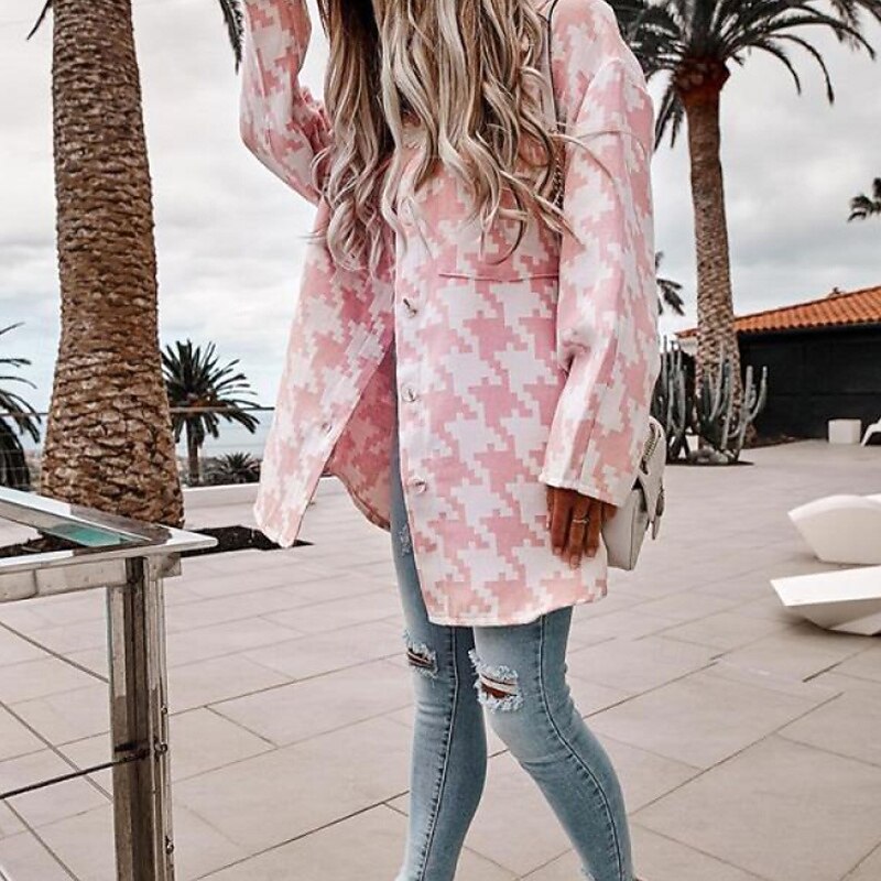 Women's Jacket Casual Jacket Comfortable Pocket Buttons Casual Houndstooth Vacation Daily Wear Going out Regular Turndown Regular Fit Long Sleeve Outerwear Pink Light Purple Orange Fall Winter3
