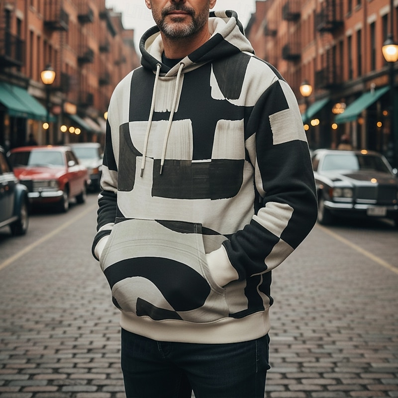 Men's Horizontal Stripes Hoodie Fashion Daily Hooded Vacation Party Streetwear Black Grey Khaki Printing Fall Winter Designer4