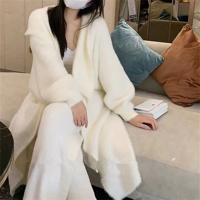 Women's Sweater Cardigan Fashion Streetwear Daily Solid Color Ribbed Hooded Knitted Long Sleeve Long Tops Knit Holiday Going out Weekend Black White Fall Winter3