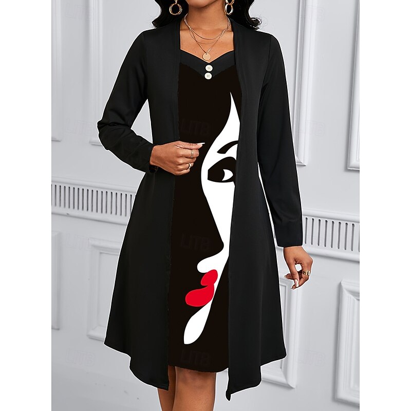 Women's Midi Dress A Line Dress Casual Daily Regular Fit Graphic Long Sleeve V Neck Black Summer Spring Fall