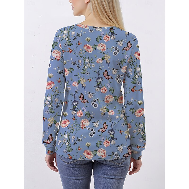 Women's Pullover Sweatshirt Hoodies Floral Graphic Classic Casual Print Long Sleeve Crew Neck Round Neck Regular Tops Casual Holiday Print Blue Fall Winter2