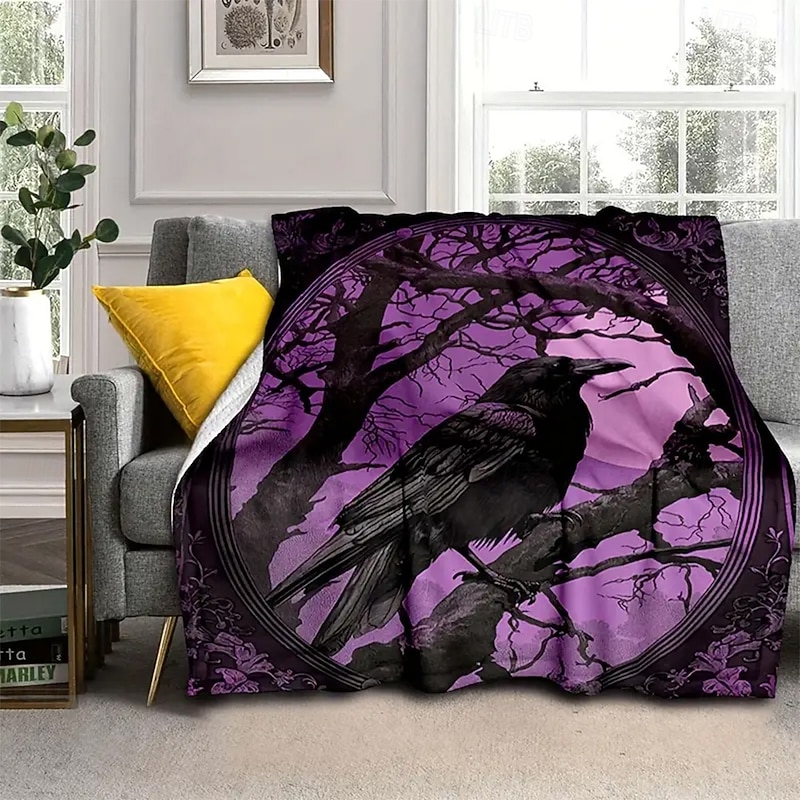 Halloween Fleece Throw Blanket for Couch Crow 3D Dark Punk Gothic Style Party Sofa Bed Decorative Warm Blanket Home Decor4