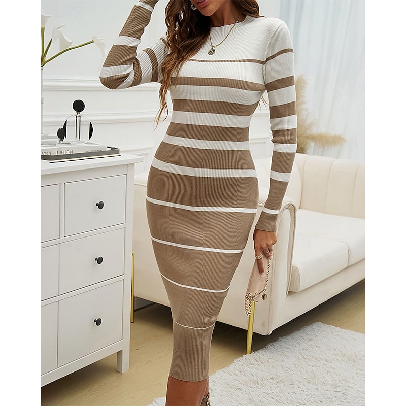 Women's Midi Dress Sweater Dress Bodycon Sheath Dress Fashion Modern Vacation Daily Weekend Regular Fit Striped Long Sleeve Crew Neck Black White Green Khaki Spring Fall