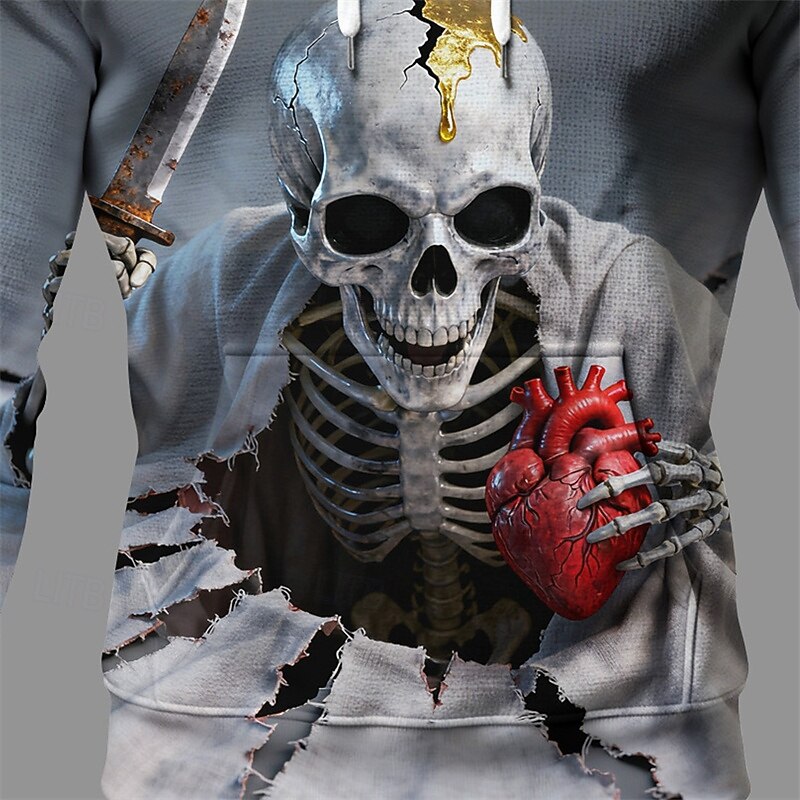 Halloween Men's Skull Hoodie Fashion Daily Hooded Vacation Party Streetwear Gray Drawstring Pocket Printing Fall Winter Designer3