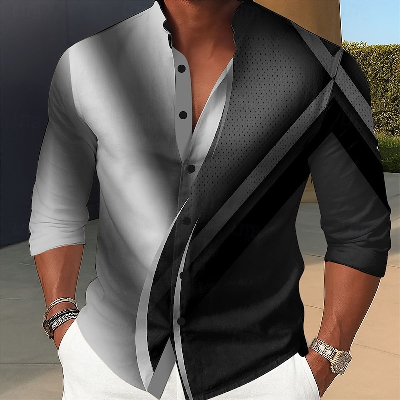 Men's Geometric Gradient Waves Shirt Stand Collar Shirt Long Sleeve Fashion Casual Dailywear Holiday Spring Fall Mandarin Collar Band Collar 3D Print Button Up Shirts Blue Purple Gold Gray4