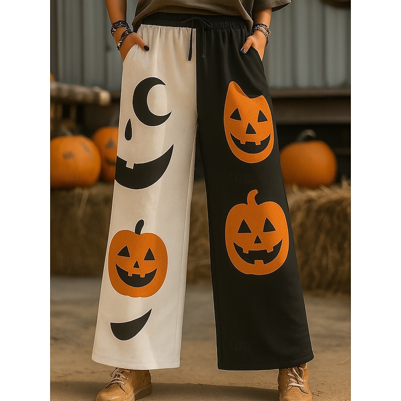 Women's Culottes Wide Leg Vacation Vintage Ethnic Style Full Length High WaistPantsHalloween Graphic Skull Pumpkin Quick Dry Breathability Soft Inelastic Outdoor Vacation Sport Black Orange Summer2