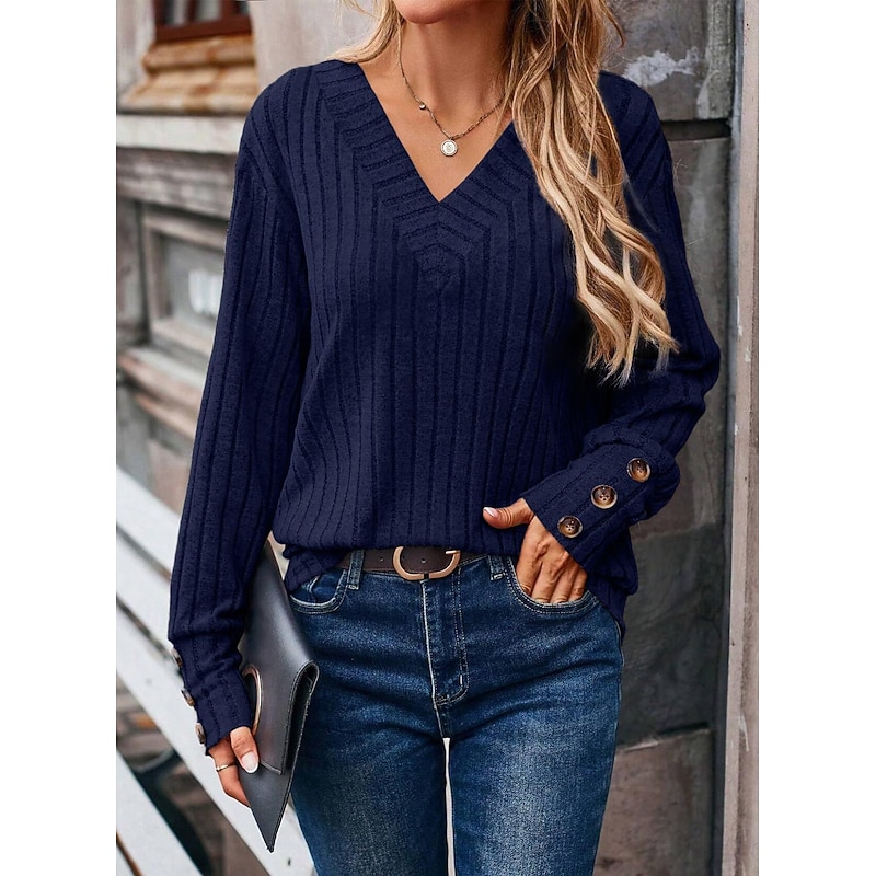 Women's Blouse Solid Color Stylish Casual Long Sleeve V Neck Regular Tops Daily Buttons Black Pink Army Green Navy Blue Orange Spring Fall4