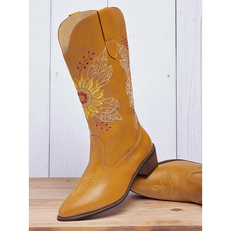 Women's Cowboy Boots – Western Embroidered Sunflower Faux Leather Chunky Heel Boots for Casual Wear, Festivals and Parties3