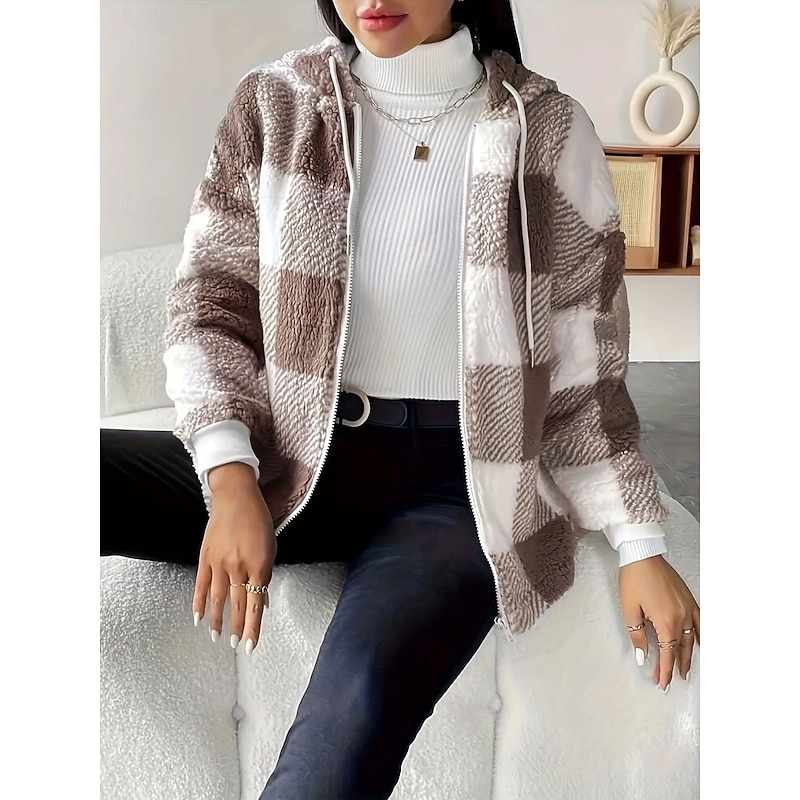 Women's Fleece Jacket Teddy Coat Comfortable Breathable Pocket Buttons Print Casual Plaid Vacation Street Casual Daily Wear Zipper Regular Hooded Regular Fit Long Sleeve Outerwear Brown Spring Fall4
