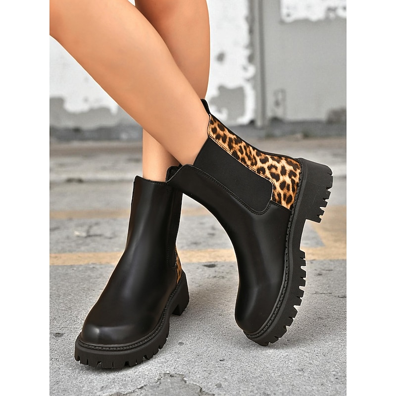 Women's Black Chelsea Boots with Leopard Print Detail – Fashion Ankle Boots for Fall Winter Casual Wear3