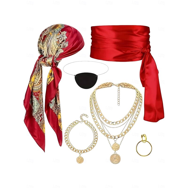 Women-s Halloween Red Bandana Set - Scarves, Chain Necklace, Eye Mask, and Accessories for Halloween Costume Party2