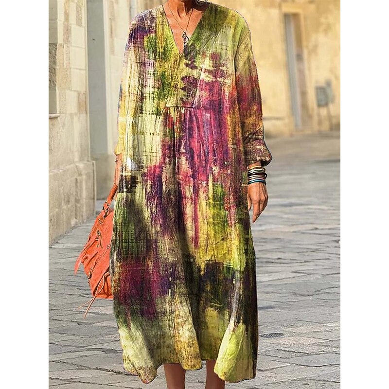 Women's Midi Dress Sundress A Line Dress Vacation Casual Boho Going out Beach Loose Fit Graphic Geometric Long Sleeve V Neck Pink Blue Purple Green Spring Fall Winter Autumn