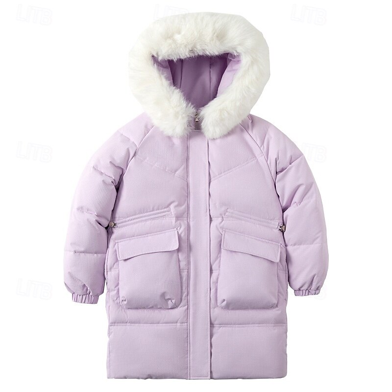 Kids Girls' Down Jacket Outdoor Jacket Puffer Jacket Solid Color Fashion Keep Warm Windproof Outdoor Coat Outerwear 4-12 Years Fall Black Purple2