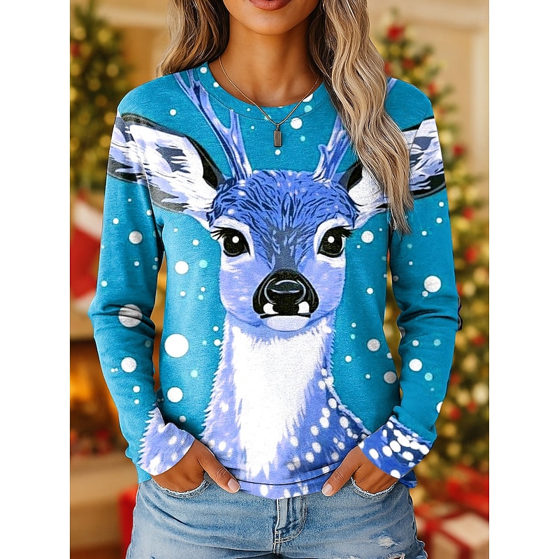 Christmas Women's T Shirt Graphic Reindeer Vintage Stylish Classic Long Sleeve Crew Neck Regular Tops Weekend Print Red Blue Purple Orange Fall Winter4