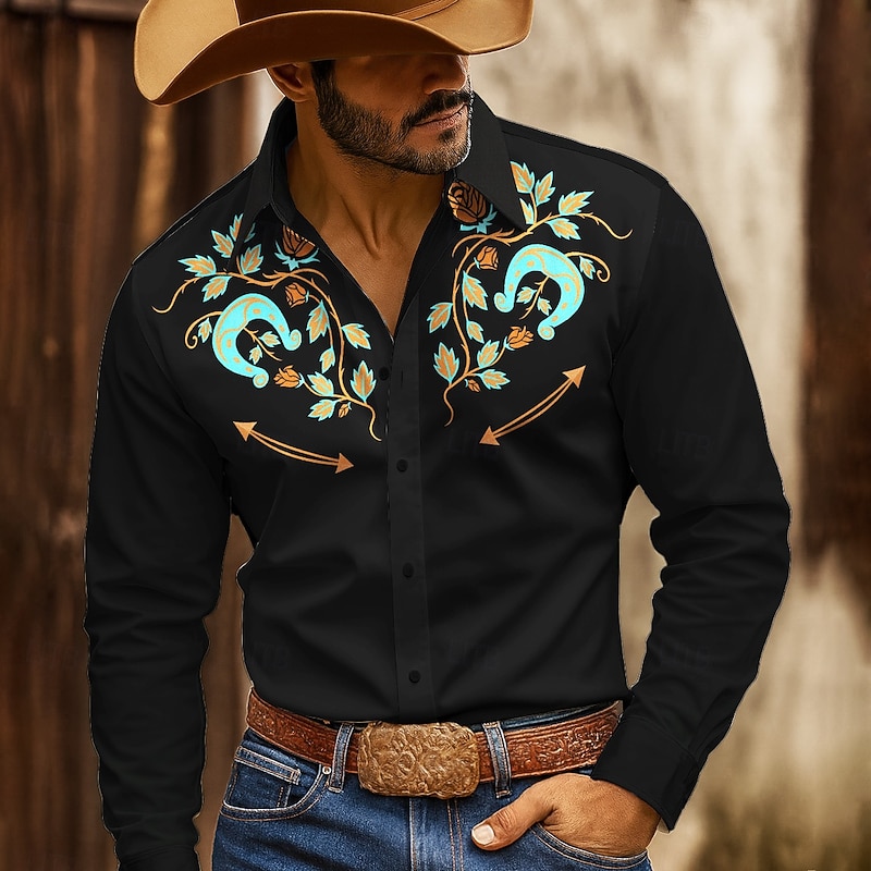 Men's Floral Print Horseshoe Flowers Shirt Western Shirt Button Up Shirt Long Sleeve Vintage Retro Outdoor Casual WorkWear Spring Fall Turndown 3D Print Collared Shirts Black / Green Black / Purple