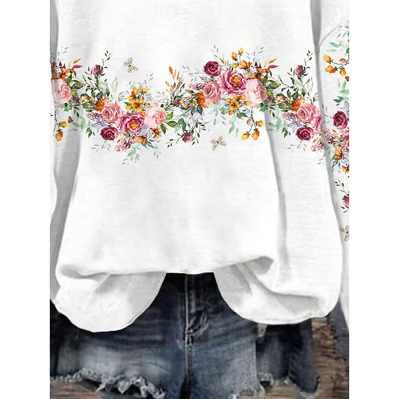 Women's Pullover Floral Graphic Warm Classic Casual Long Sleeve Crew Neck Regular Tops Home Street Dailywear Print White Spring Fall Winter3