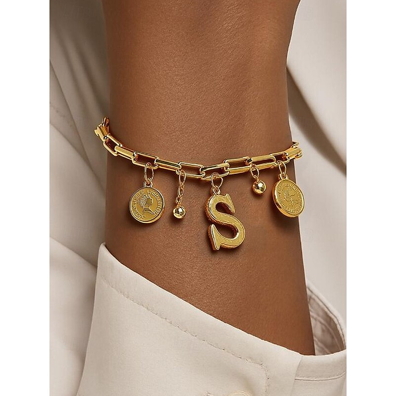 Women's Gold-Plated Alphabet Letter Bracelet with Coin and Ball Charms, Adjustable Chain, Stylish Christmas Gift for Her, Personalised Jewelry Accessory