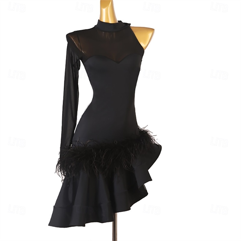 Women's Black Slant Shoulder Feather Rumba Latin Dance Practice Dresses Performance Dresses3