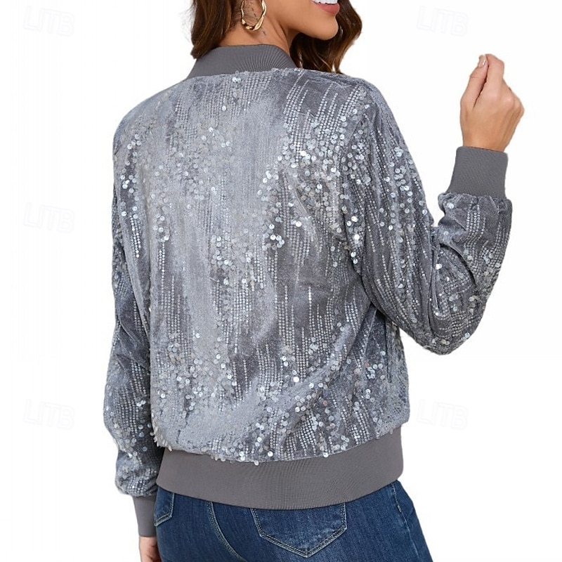 Women's Bomber Jacket Casual Jacket Comfortable Breathable Sequin Fashion Daily Plain Outdoor Casual Daily Zipper Regular Stand Collar Regular Fit Long Sleeve Outerwear Black Gray Spring Fall3