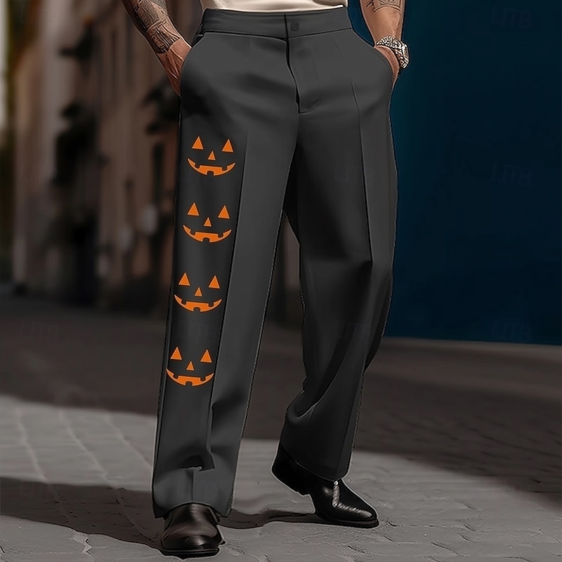 Halloween Men's Pumpkin Face Printed Trousers Dress Pants Suit Pants Mid Waist Casual Holiday Streetwear Printed Spring Fall 3D Print Black White Orange