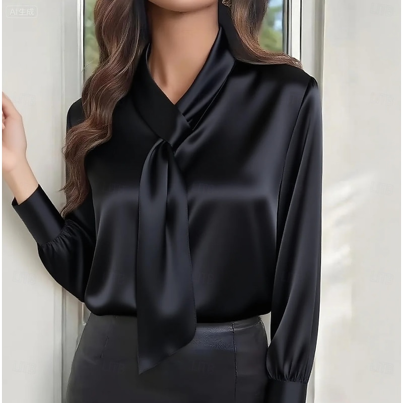 Women's Elegant Dressy Satin Blouse Plain Elegant Daily Stylish Long Sleeve V Neck Regular Tops Daily Black White Khaki Fall