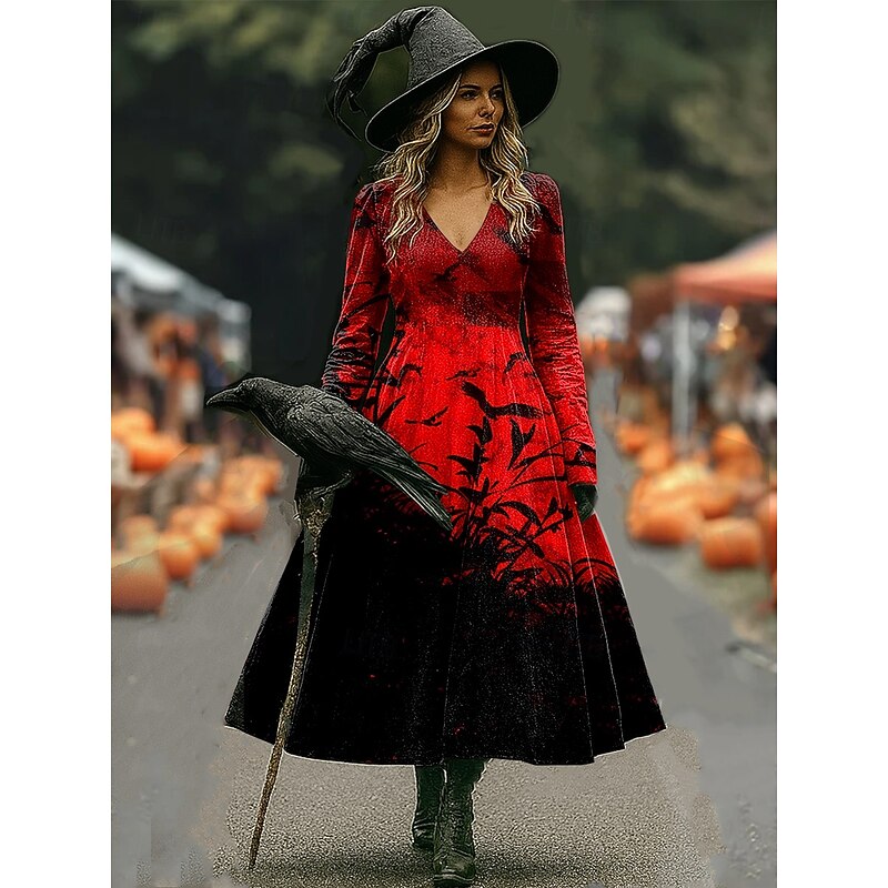 Halloween Women's Witch Print Midi Dress A Line Dress Vacation Casual Daily Regular Fit Floral Graphic Hocus Pocus Long Sleeve V Neck Black Red Brown Spring Fall2