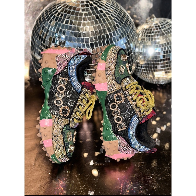 Women's Rhinestone Embellished Chunky Sneakers with Colorful Design and Logo Detail for Fashion, Nightlife, and Party Outfits4