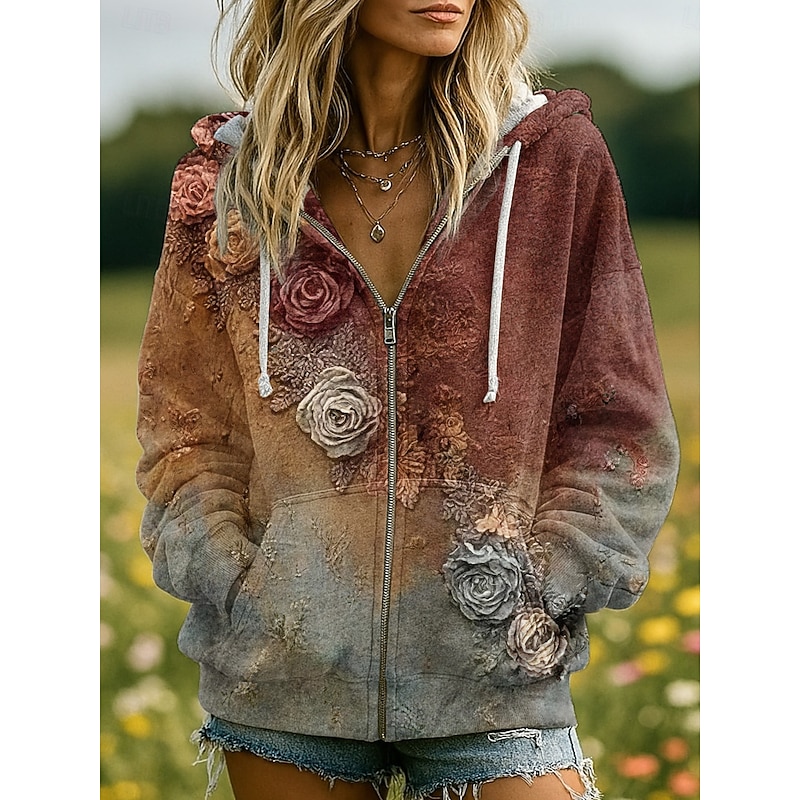 Women's 3D Print Vintage Boho Hoodie Patchwork Hoodie Sweatshirt Floral Zip Up Casual Hooded Street Dailywear Patchwork Zipper Pocket Light Purple Purple Brown Green Spring Fall3