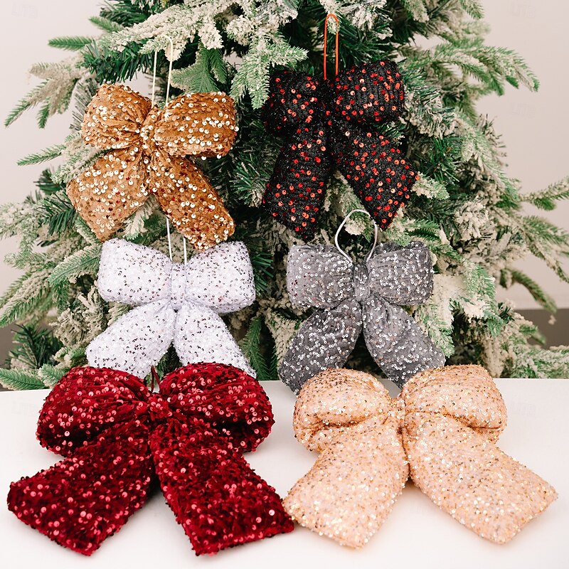 1pc Christmas Glitter Bow Ornament, Sparkling Sequin Bow Hanging Decoration for Xmas Tree, Holiday Party, Wedding, Indoor Outdoor Home Decor Supplies