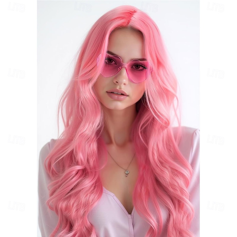 23.62 Inch Long Wavy Wig Middle Part for Women and Party Sunglasses Curly Wavy Wigs with Neon Glasses for Women - Bachelorette Party Wigs Decorations Favors2