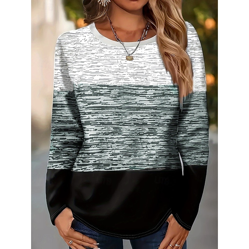 Women's T Shirt Graphic Geometric Color Block Vintage Stylish Classic Long Sleeve Crew Neck Round Neck Regular Tops Daily Print Gray Spring Fall Winter