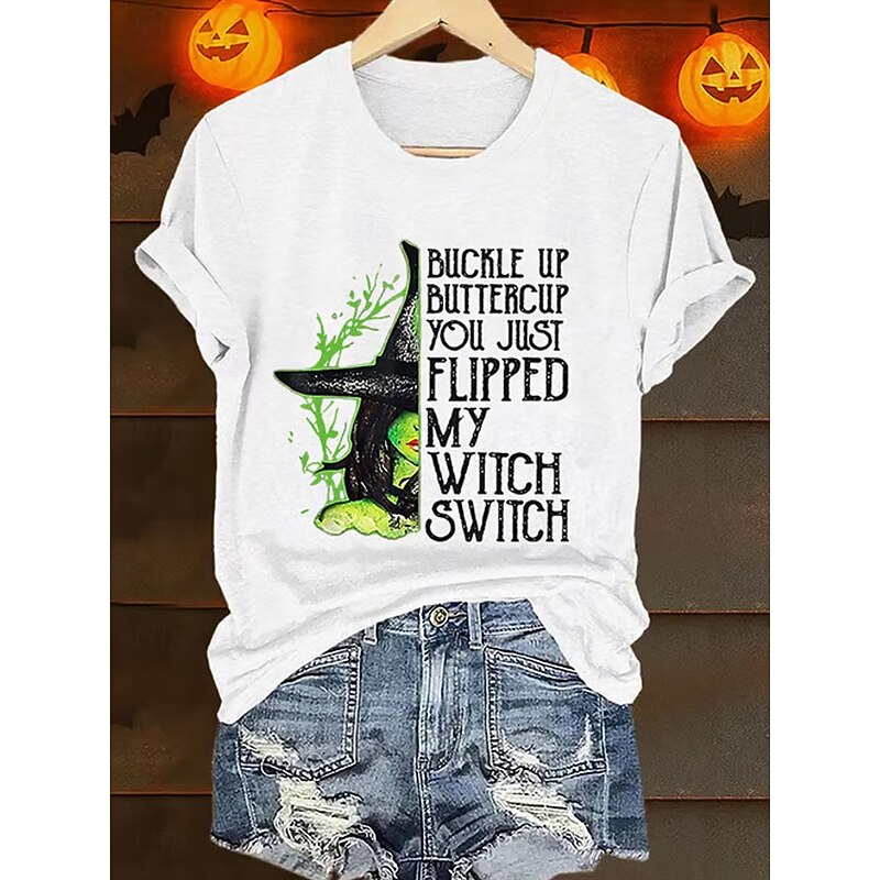 Halloween Women's T Shirt Graphic Witch Vintage Stylish Classic Short Sleeve Crew Neck Regular Tops Daily Going out Weekend Print White Blue Orange Green Summer Fall3