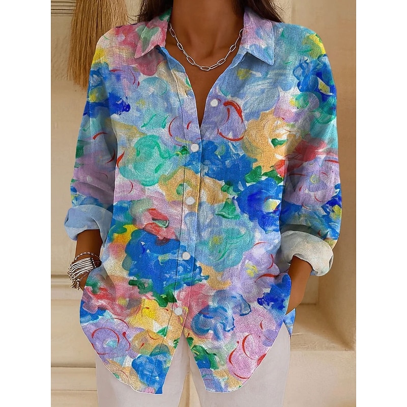 Women's Shirt Graphic Geometric Vintage Tropical Daily Long Sleeve Shirt Collar Regular Tops Daily Holiday Print Pink Blue Orange Green Spring Fall3