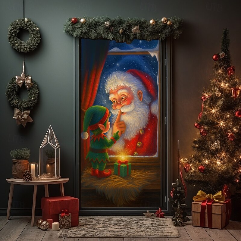 Christmas Door Cover, Santa Claus Carrying Gifts Illustration Door Curtain Backdrop for 2025 Xmas Home, Party and Outdoor Holiday Decorations2