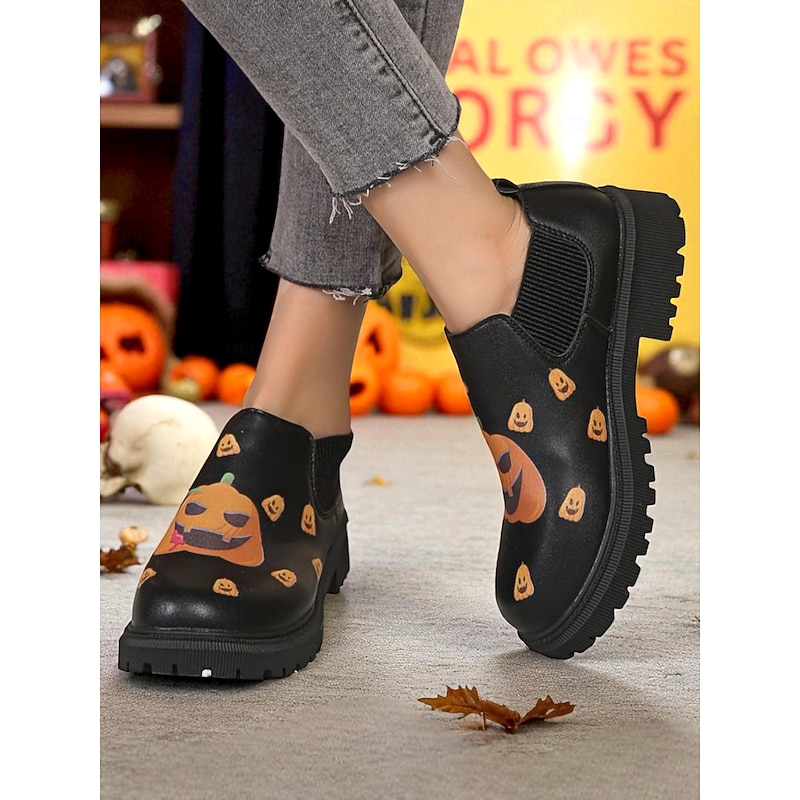 Women's Halloween Pumpkin Print Slip-On Ankle Boots – Black Faux Leather with Elastic Sides for Fall Party and Streetwear3