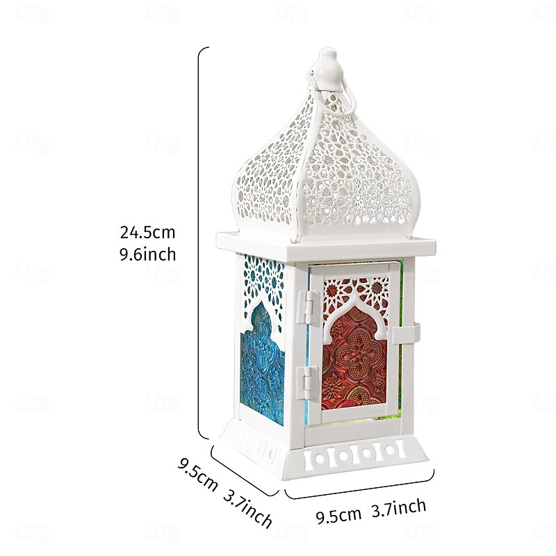 Castle Shape Hollow Pattern Colorful Glass Candle Holder, Iron Frame Windproof Hanging Lantern for Christmas Theme, Home, Party, and Holiday Decorations2