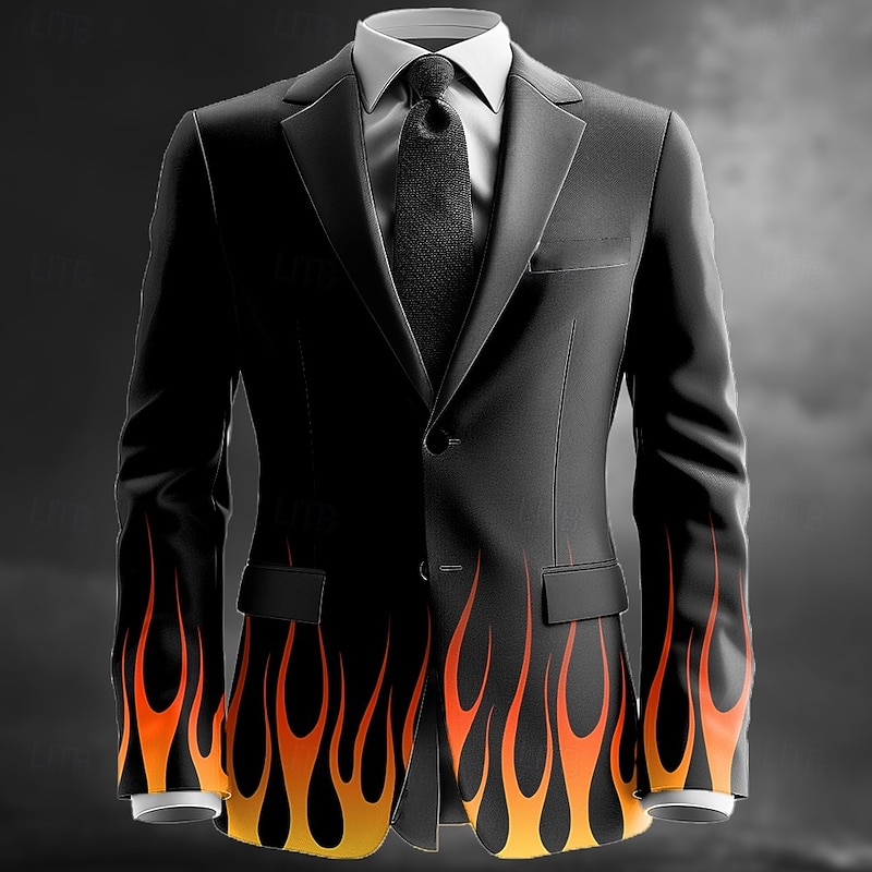 Men's Flame Blazer Jacket Coat Comfortable Artistic Casual Party Daily Festival 3D Print Buttons Multi Pocket All Seasons Notch Long Sleeve Yellow Red Blue