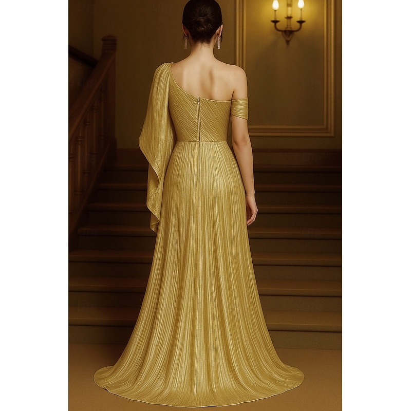 A-Line Evening Gown Elegant Formal Dress Formal Wedding Floor Length Short Sleeve One Shoulder Capes Lurex Fabric with Glitter Ruffles 20252