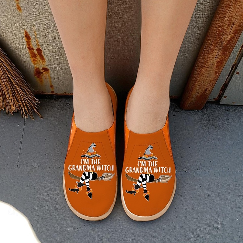 Women's Orange Wide Width Slip-On Casual Shoes with Funny Grandma Witch Print – Comfortable Halloween Footwear for Casual Wear, Walking and Travel4