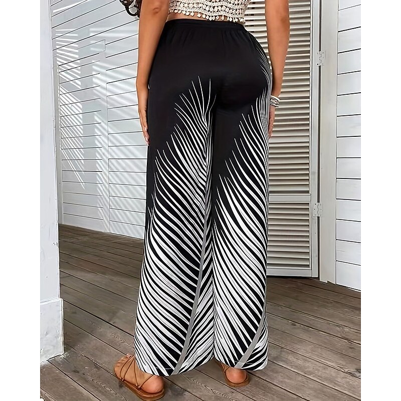 Women's Culottes Wide Leg Chinos Fashion Streetwear Full Length Medium Waist Leaf Elastic Waist Stripe Comfortable Micro-elastic Outdoor Vacation Street Black Grey White / Black Khaki Summer Spring3